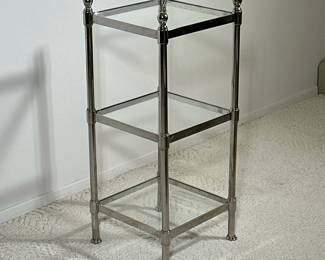 GLASS & CHROME SHELVES | 3-tiered glass shelf / side table with chrome metal frame. - h. 31 x w. 13 x l. 13 in
