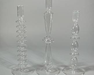 (3pc) HOLLOW BLOWN GLASS CANDLESTICKS | Contemporary style clear glass candle stick holders. - h. 12 in (tallest)
