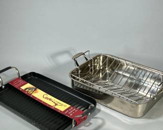 (2pc) Roast Pan & Grill Pan | Including a Cuisinart stainless steel roast pan with insert and a new Calphalon 12 x 18 double grill pan.
