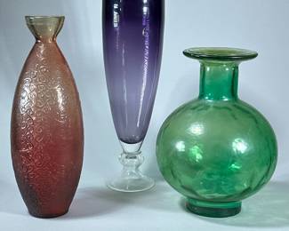 (3pc) LARGE COLORFUL VASES | Colorful art glass vases including a large purple vase, round green vase and tall orange/red vase with textured decoration. -  h. 19 x dia. 5.5 in