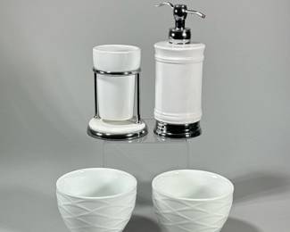 (4pc) BATHROOM CERAMICS | Including: ceramic toothbrush holder, soap dispenser, and 2 bowls. - h. 8 x dia. 3 in