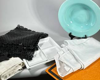 SERVING PLATTERS & TABLECLOTHES | Including: large blue serving bowl, white serving platter with 4 square dishes, and 2 tablecloths/runners. - h. 3 x dia. 14.25 in (bowl)
