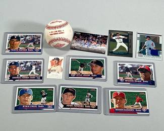 (12pc) BASEBALL CARDS & OTHER MEMORABILIA | Including: Signed David Hensley Topps baseball card, Jett Williams Panini Chronicles Status Swatch card, Official 1996 World Series Baseball, 7 Fleer 2001 rookie cards of; Ryan Freel, Andres Torres, Wilkin Ruan, Kyle Lohse, Josh Towers, Travis Hafner, Brandon Duckworth, and more!
