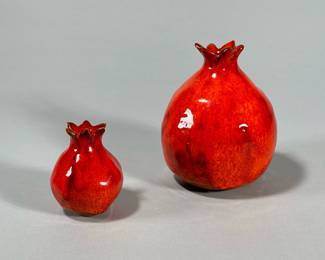 (2pc) PAIR CERAMIC POMEGRANATES | Pair of glazed terracotta pomegranates, signed on bottom and marked “Jerusalem”. - h. 5.5 x dia. 4 in (larger)