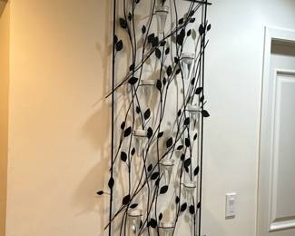 WROUGHT IRON & GLASS VOTIVE WALL DECOR | Decorative wall candle holder, having nine votive holders interspersed among hammered metal leaves and vines. - h. 50 x w. 24 x d. 4 in
