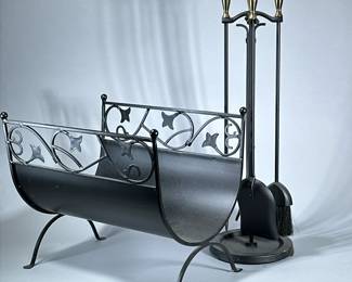 FIREPLACE TOOL SET | Including brass handled four piece fireplace tools, plus a wrought iron log Holder; tools height, 29 inches. - h. 17 x w. 15 x l. 19 in