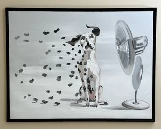 DALMATIAN OIL PAINTING | Oil on canvas. 35 x 47 in. canvas. A cute and whimsical painting depicting spots being blown off a Dalmatian by a fan. - w. 38 x l. 49.5 in