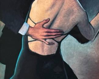 BILL BRAUER (American, 20th Century) LITHOGRAPH "EVENING IN JADE" | This lithograph, titled "Evening in Jade," is an evocative work by American artist Bill Brauer (1938-2019). It features a couple in an intimate dance, characterized by Brauer's hallmark style of sensuality, bold colors, and elegant composition. Signed by the artist (in the plate) in the lower corner, the artwork is beautifully presented in a black frame with red and cream matting, enhancing its dramatic appeal. - h. 27 x w. 18.5 in (frame)