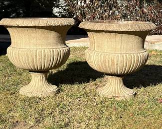 (2pc) PAIR COMPOSITION PLANTER URNS | Pair of composite or formed plastic planter urns with gadrooned sides, marked on the bottoms "Montgomery". - h. 20 x dia. 20 in