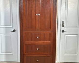 CUSTOM MADE MAHOGANY ARMOIRE / LINEN PRESS | Carved mahogany armoire with double door cabinet with 3 interior shelves over 3 drawers, beautifully crafted from hardwood and of a nice unusually narrow size. - h. 74.5 x w. 41 x d. 23 in