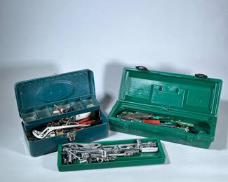 MIXED HAND TOOLS | Including mixed lot of wrenches, screwdrivers, socket sets, saw, and more in 2 toolboxes. - h. 5 x w. 7 x l. 18 in (large box)