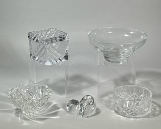 (5pc) LOW FORM CLEAR GLASS DECOR ITEMS | h. 4 x w. 4 x l. 4 in (box)
