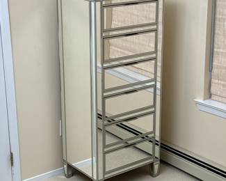 MIRRORED CHEST OF DRAWERS | Tall dresser / lingerie chest or semanier, with metal frame and 6 drawers with mirrored finish all around. -  h. 53 x w. 24 x d. 18 in