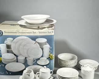 LARGE LOT ONEIDA DINNERWARE | 
Stoneware dinnerware set for eight: Casual Settings by Oneida Stoneware, with original box, including plates, mugs, and serving pieces. - h. 15 x w. 14 x l. 17 in (box)