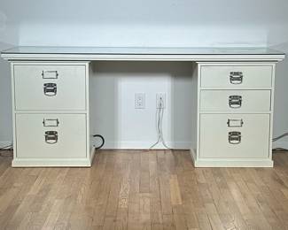 POTTERY BARN WHITE DESK | Having two banks of drawers and a glass top. - h. 29.5 x w. 70 x d. 23 in
