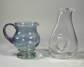 (2pc) GLASS PITCHER & DECANTER | Including a multi-color glass handled pitcher and a clear glass decanter of modern design. -  h. 10.5 in (decanter)