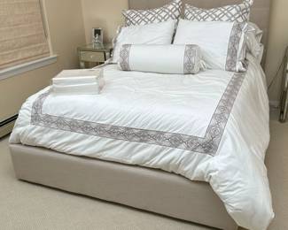 TUFTED FULL-SIZE BED FRAME | Gray full-size bed frame with tufted headboard and full skirt. Includes bedding! With sheets, pillowcases, etc. - h. 48 x w. 60 x l. 82 in
