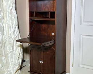 FALL FRONT DESK BOOKSHELF | Dark wood bookcase cabinet with a drop front desk and storage shelves. -  h. 60 x w. 24 x d. 16 in