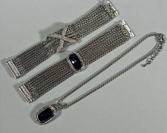(3pc) DAVID YURMAN STYLE & OTHER COSTUME JEWELRY | Including: matching necklace & bracelet with large purple stone & Diamond simulants on box-link mixed metal chains in the style of David Yurman, and box link bracelet with large X mounted with Diamond simulants in the style of Jimmy Choo. -  l. 19 in (necklace chain)