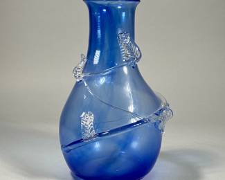 BURCHETTA BLUE ART GLASS VASE | Murano glass style, signed and dated 1992 on the bottom, the body of the vase surrounded with a swirled leaf decoration. - h. 10 in
