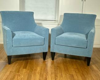 (2pc) PAIR CRATE & BARREL BLUE VELVET ARMCHAIRS | American-made, with excellent materials and craftsmanship, club chairs or armchairs with all over light blue velvet upholstery over black tapered legs. - h. 34 x w. 30 x d. 36 in