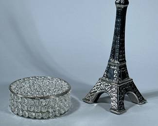 MISC. DECORATIVE ITEMS | Decorative home accents, including a chromed miniature Eiffel Tower figure and a Nicole Miller faux Crystal round box. -  h. 12 x w. 5 x l. 5 in