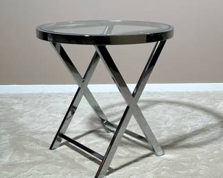 CHROME & GLASS SIDE TABLE | Modern end table having a chrome faux folding design with a round glass top. -  h. 20 x dia. 20 in