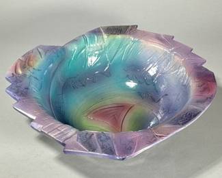 HARRIS-CIES 1987 POST MODERN CENTER BOWL | Abstract form center bowl with colorful pastel glaze and incised decoration, signed and dated on the bottom. - h. 5 x dia. 16.5 in
