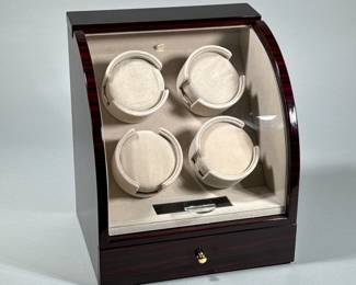 CHIYODA WATCH WINDER | Chiyoda watch winder for 4 watches with acrylic window, lacquered wood frame lower drawer for storage of 3 more watches, LCD touchscreen with individual spinner selection with 4 speeds and direction control. - h. 12 x w. 10.5 x d. 8.5 in