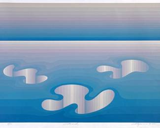 ROY AHLGREN (AMERICAN, 1927–2011) SIGNED LIMITED EDITION LITHOGRAPH, 1980 | Color lithograph on deckle edge paper. Ed. 68/150, pencil signed. 22 x 30 in., sheet, float mounted in a frame. | h. 21 x w. 39 in (frame)