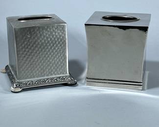 (2pc) TISSUE BOX COVERS | Two tissue box covers including one of hammered metal design and one of simple chromed finish. - h. 6 x w. 5.5 x l. 5.5 in