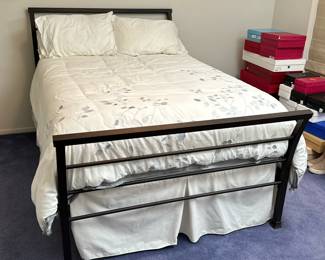 CRATE & BARREL METAL BED FRAME | Bedframe of simple modern design, having a curved headboard and footboard, with "AMISCO" Canada label - h. 48 x w. 55 x l. 87 in
