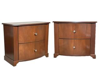 (2pc) PAIR MAHOGANY NIGHTSTANDS | Pair of carved mahogany side tables with 2 full-width drawers and fluted square half-column sides. - h. 25.5 x w. 29.5 x d. 17 in