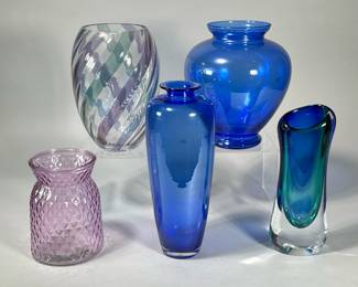 (5pc) COLORFUL GLASS VASES | Including a vase signed “Peltineto (?)” two blue vases, a purple-formed vase, and a blown glass twisted vas. -  h. 11 in (tallest)