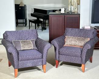 (2pc) PAIR CARTER ARMCHAIRS | Purple upholstered armchairs by Carter with scrollwork embroidery. - h. 30 x w. 36 x d. 33 in