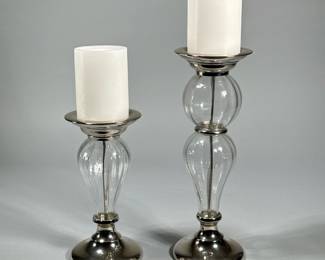 (2pc) PAIR GLASS CANDLESTICKS | Pair of glass & chrome candle holders. - h. 12.5 x dia. 4.5 in