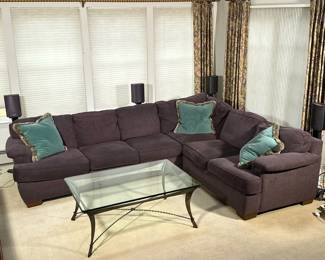 BLOOMINGDALE’S PURPLE SECTIONAL | Bloomingdale’s L-shaped sectional sofa upholstered in a textured aubergine fabric, designed as two three-cushion sofas joined in an L-shape. -  h. 28 x w. 87 x l. 114 in