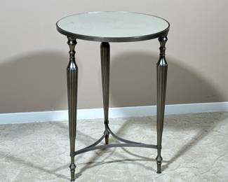 ROUND MIRRORED SIDE TABLE | End table with a mottled mirrored top over a silvered metal base with x-stretcher. -  h. 22 x dia. 16 in
