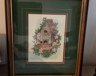 Beautiful, framed bird house in green, gold and burgundy.