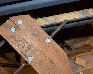 Vintage large wood clamps, vintage hacksaw. 