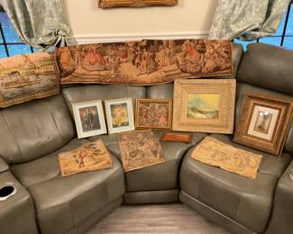 Napoleon framed picture set, tapestries from overseas. Large leather Haverty's couch set. 