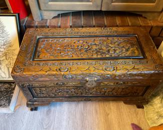 Smaller Vintage Carved wood chest.