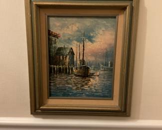 Dock and boat framed vintage pictures.