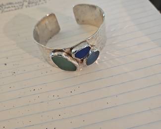 Hammered Sterling Cuff with Sea Glass Stones