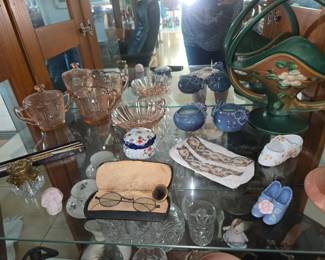 Roseville Pottery, Pink Depression Creamer, Sugar & Small Plate, VTG Glasses, Misc