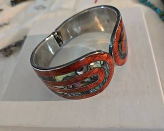 Sterling Hinged Bracelet with Abalone & Coral