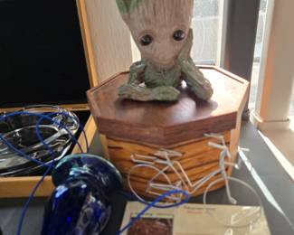 Wire Bicycle, Wood Basket, Vase Cobalt Blue Hanging Vase