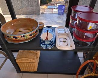 Picnic Basket, Pyrex, Pottery Bowl & Platter, Party Platter with Bowl & Small Plates