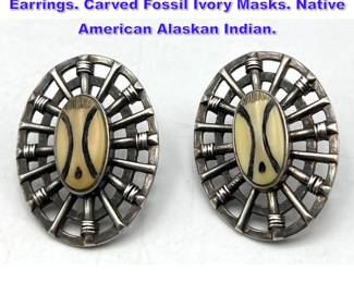 Lot 840 DENISE WALLACE Sterling Silver Earrings. Carved Fossil Ivory Masks. Native American Alaskan Indian. 