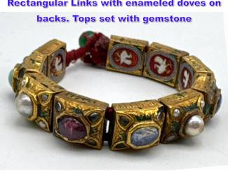 Lot 1140 Antique Far Eastern Bracelet. Rectangular Links with enameled doves on backs. Tops set with gemstone